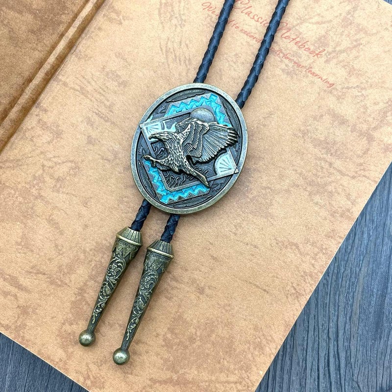 QUKE Native American Western Cowboy 3D Bald Eagle Sunset Bolo Tie Hand-woven Leather Necktie for Men Women - Image 3